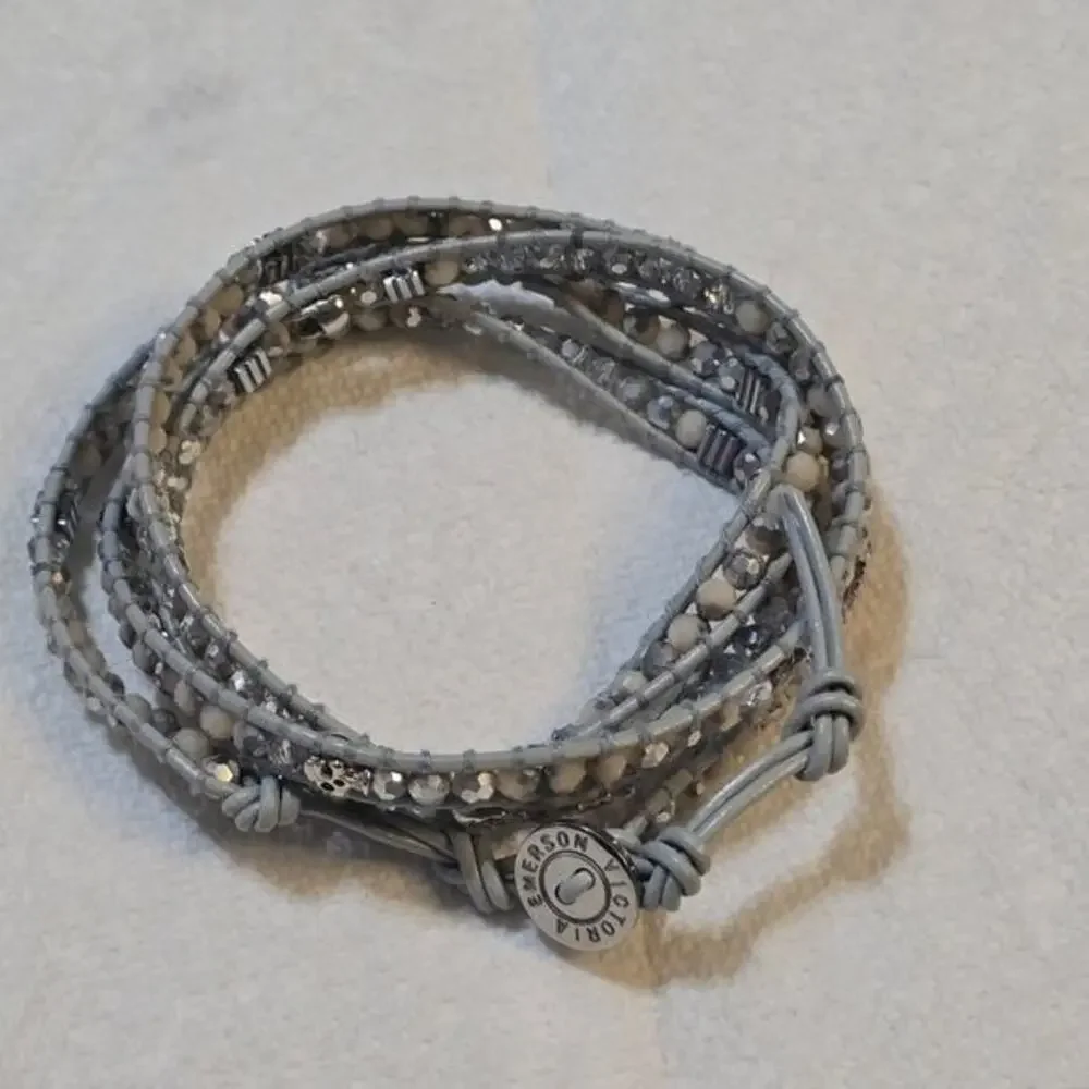 Victoria Emerson Gray Leather Multi Wrap Beaded Bracelet with Skull Charms Boho‎